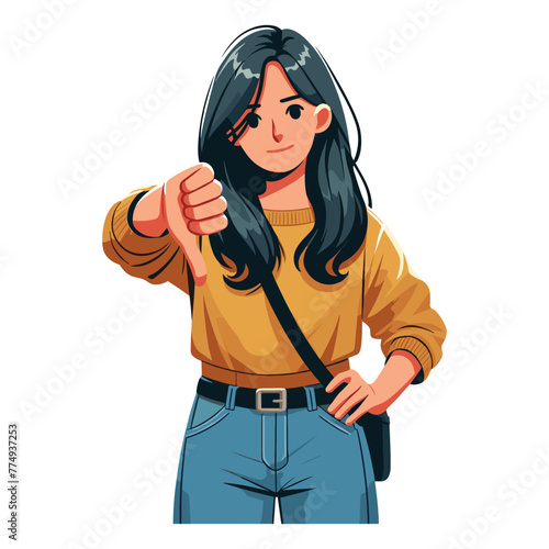 Woman showing thumbs down design illustration, unhappy girl gesturing dislike, disapproval sign, negative expression, disagreement. vector template isolated on white background