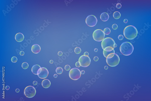 Soap bubbles magic vector illustration. Rainbow soap bubbles in blue summer sky. Childhood fun activity. Children fun activities magic shampoo bubles. Bath or shower vector background.