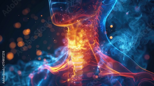 Detailed anatomy illustration of a healthy esophagus in a human body, surrounded by a glowing aura of wellness #774937278