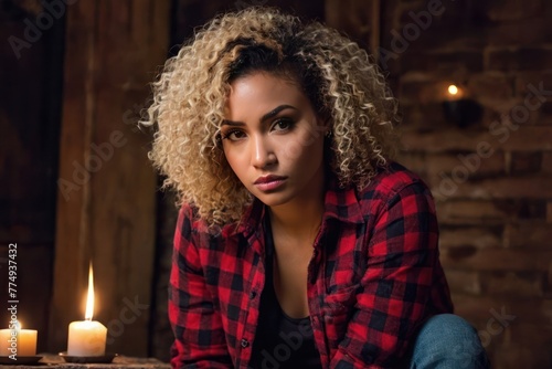 Beautiful blonde curly hair girl in a red plaid flannel shirt with cleavage in an old house at night by candlelight. Generative AI