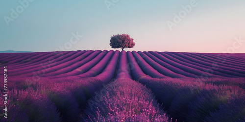 A lavender field with a solitary tea at the end under clear blue spring sky 