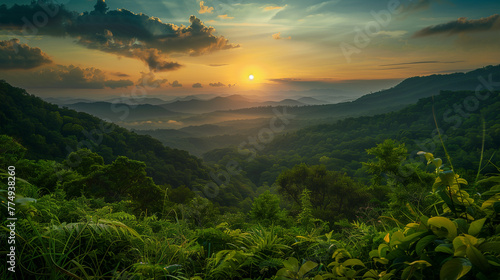 Peaceful sunset over a lush green valley 