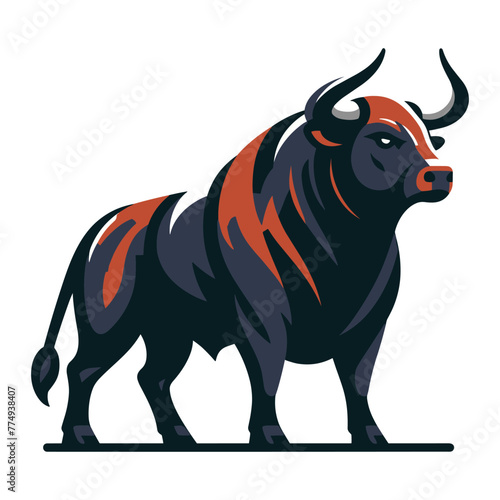 Strong bull full body design mascot illustration, farm animal or butcher shop graphic template, angry horned bull concept, vector isolated on white background