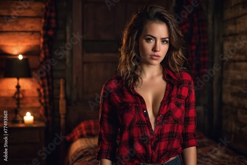 A beautiful blonde girl in a red plaid flannel shirt with cleavage in an old house at night by candlelight. Generative AI © Vitaliy