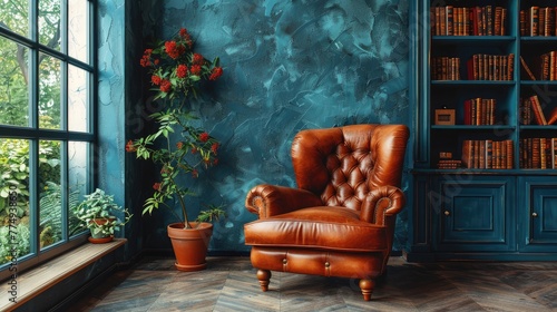 A cozy reading nook featuring a comfortable leather armchair positioned on a dark blue background.