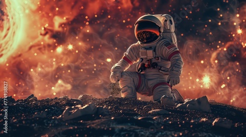 Astronaut in space suit on the background of burning planet. Space exploration concept
