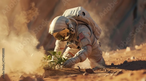 Astronaut planting tree on Mars