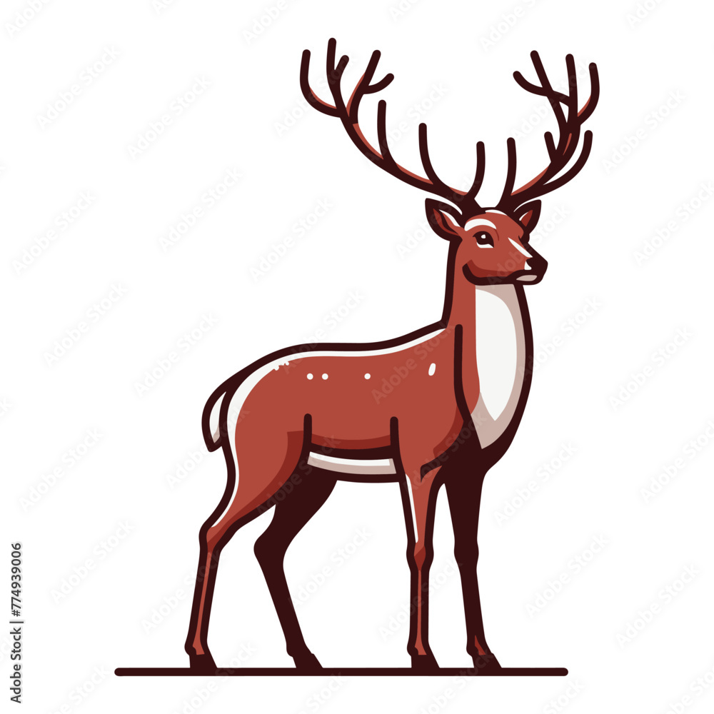 Fototapeta premium Deer full body design illustration, standing reindeer with antlers illustration, wild mammal animal concept. Vector template isolated on white background