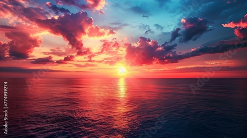 A sunset over the ocean with clouds in front of it  AI