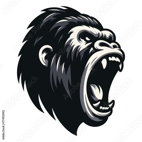 Wild angry gorilla head face design illustration, roaring strong big ape logo mascot, primate animal zoology element illustration, vector template isolated on white background