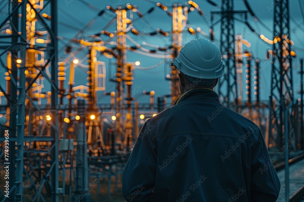 Naklejka premium Electrical engineer on the background of a substation. Installation of a modern power plant. back view. generative ai