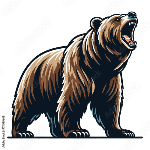 Roaring grizzly bear full body design illustration, animal predator zoology element illustration, wild beast brown bear, vector template isolated on white background