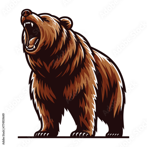 Roaring grizzly bear full body design illustration, animal predator zoology element illustration, wild beast brown bear, vector template isolated on white background