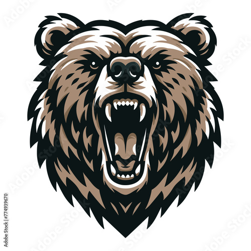 Roaring grizzly bear head face vector illustration, wild beast brown bear, animal predator zoology element illustration, design template isolated on white background