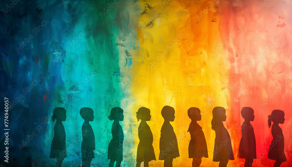 Silhouettes of people against a vibrant rainbow-colored background, symbolizing diversity and unity, concept for the International Day of Innocent Children Victims of Aggression Silhouettes of people against a vibrant rainbow-colored background, symbolizing diversity and unity, concept for the International Day of Innocent Children Victims of Aggression