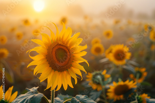 Beautiful sunflower field in a foggy morning during the sunrise