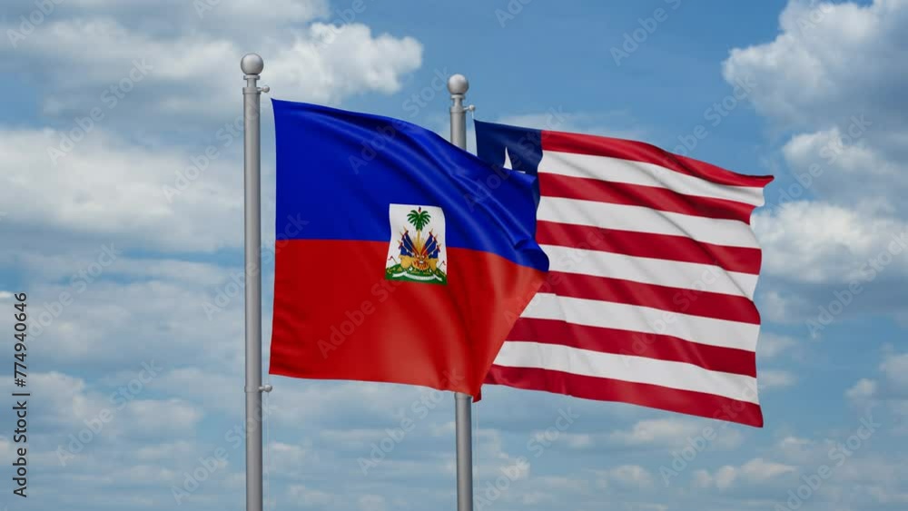 Liberia and Haiti two flags waving together, looped video, two country cooperation concept Liberia and Haiti two flags waving together, looped video, two country cooperation concept