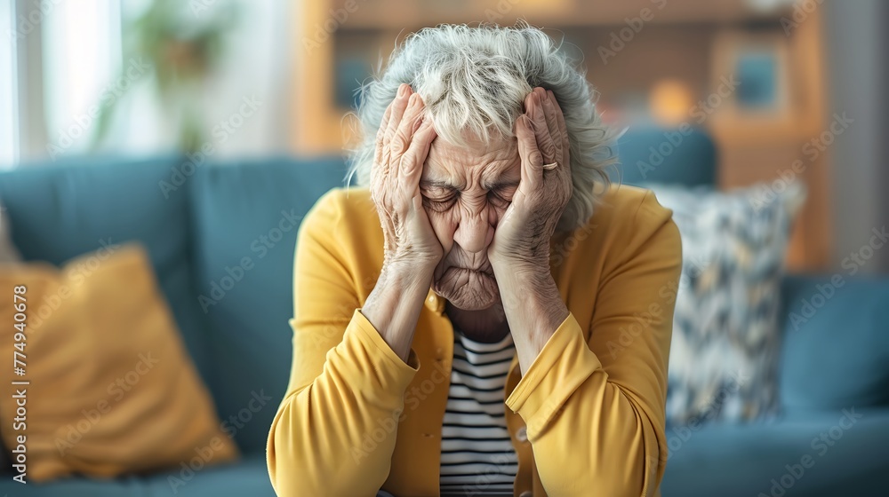 Portrait of an Exhausted grandmother in distress, sitting on couch in the living room Portrait of an Exhausted grandmother in distress, sitting on couch in the living room