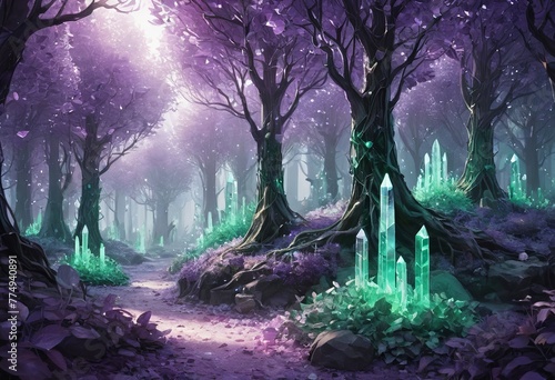 Glowing Crystal Forest with Amethyst Trees and Emerald Leaves: A Highly Detailed Artwork