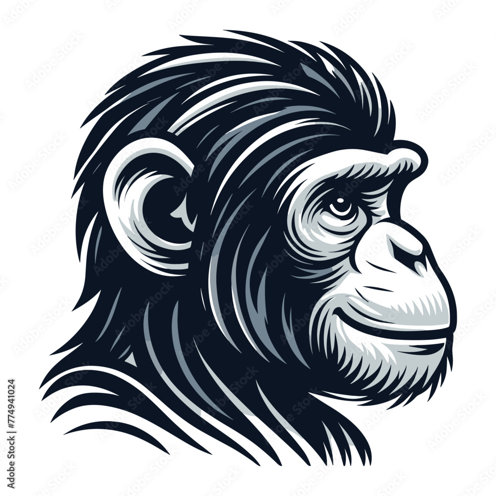 Monkey ape chimpanzee head face vector illustration, wild animal primate, monkey logo mascot illustration concept, design template isolated on white background Monkey ape chimpanzee head face vector illustration, wild animal primate, monkey logo mascot illustration concept, design template isolated on white background