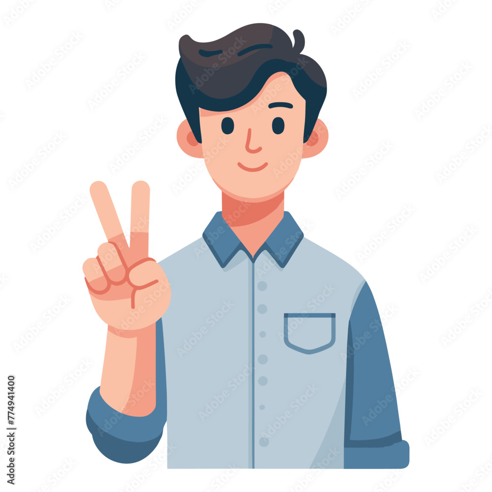 Man showing peace sign design illustration, happy male gesturing peace victory sign with hand, joyfulness, gladness, positive emotion vector template isolated on white background Man showing peace sign design illustration, happy male gesturing peace victory sign with hand, joyfulness, gladness, positive emotion vector template isolated on white background