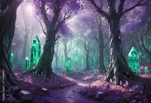 Ethereal Light in a Crystal Forest with Amethyst Trees and Emerald Leaves: A Masterpiece in Art