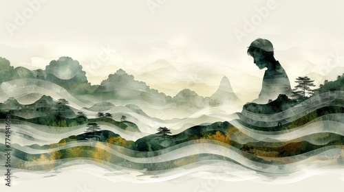 Watercolor landscape with mountains and silhouette woman in foreground