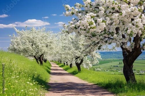 a path with white flowers on trees