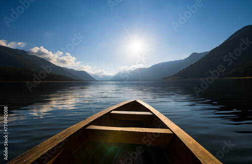 Tranquil lake scene with canoe and boat amidst wooden pier and mountain backdrop
