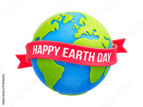 Cartoon planet Earth and red ribbon with "Happy Earth Day" text. Earth day or environmental protection, save our green planet, save the Earth concepts. 3d eco friendly design. Vector illustration