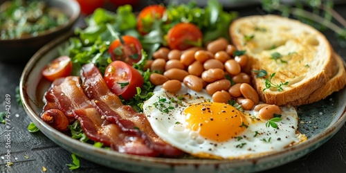 Classic English lunch  fried egg  bacon  tomato  beans  toast  and parsley