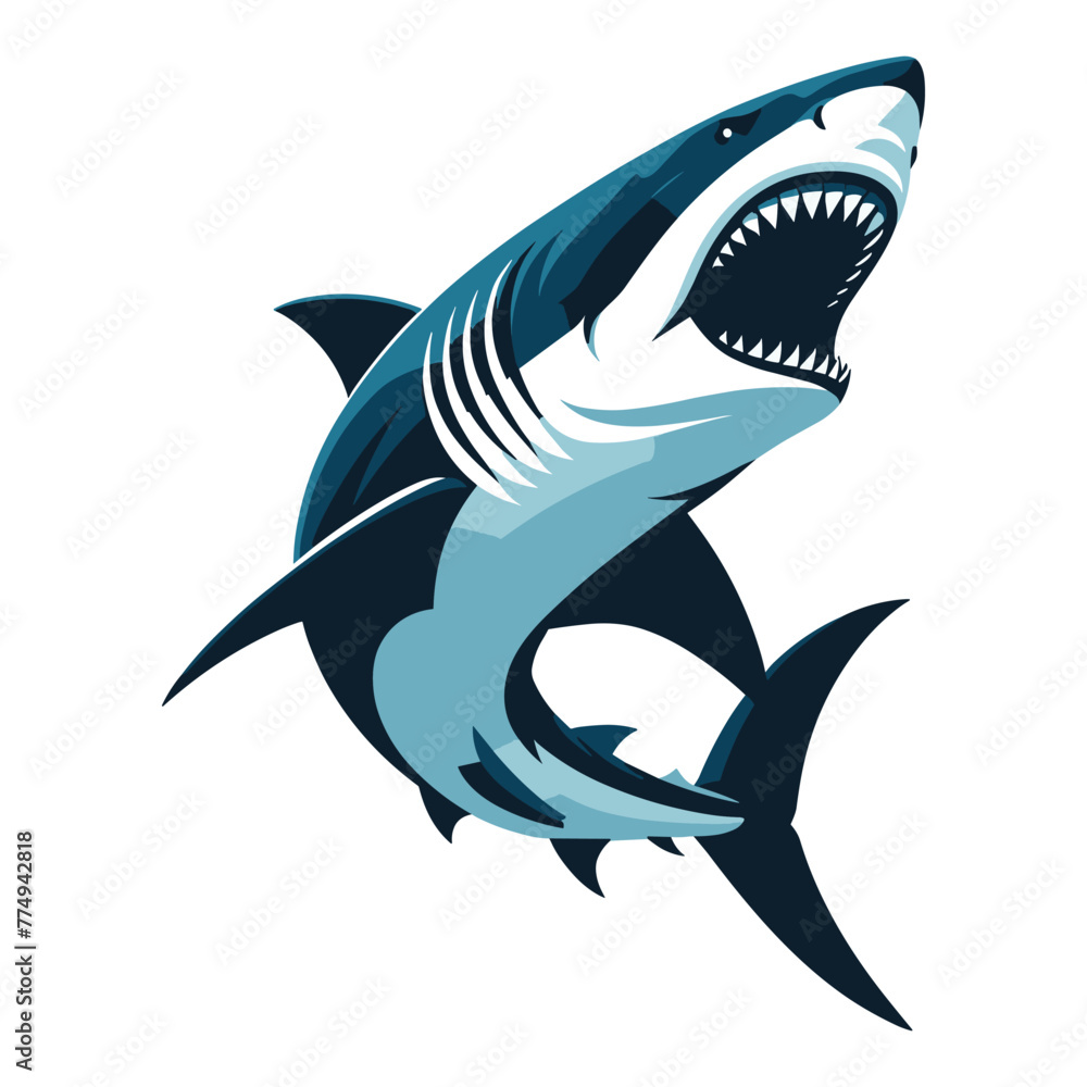 Fototapeta premium Angry wild great white shark vector illustration, marine predator animal element illustration, swimming toothy shark design template isolated on white background