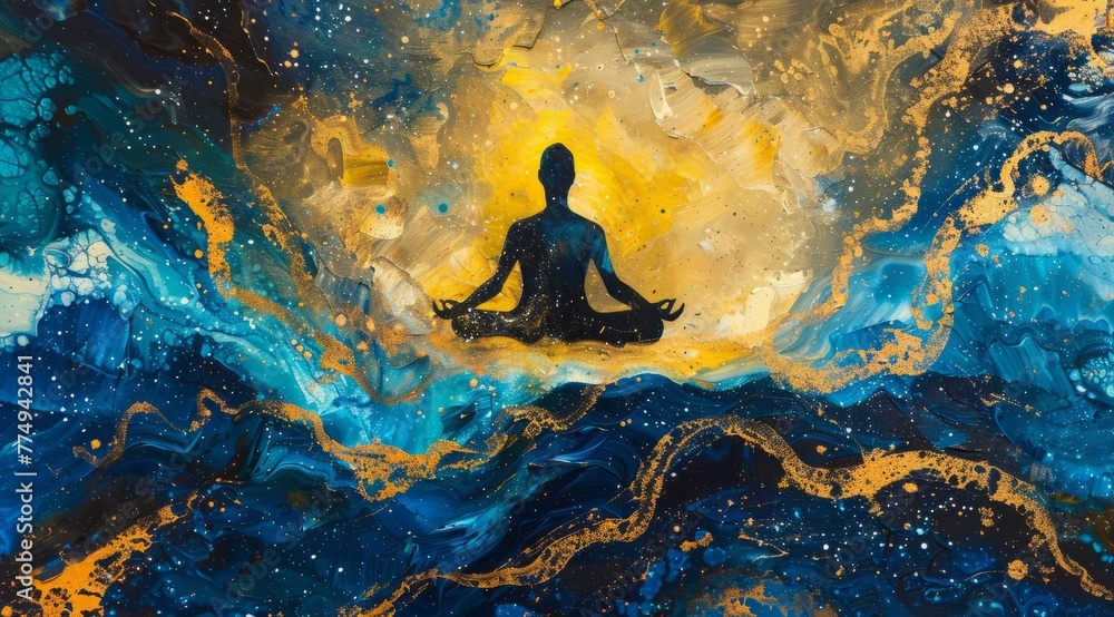 Meditating man in lotus position on cosmos background