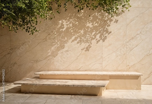 Three Beige Marble Platforms with Shadow from Tree Foliage: A Perfect Background for Presentation