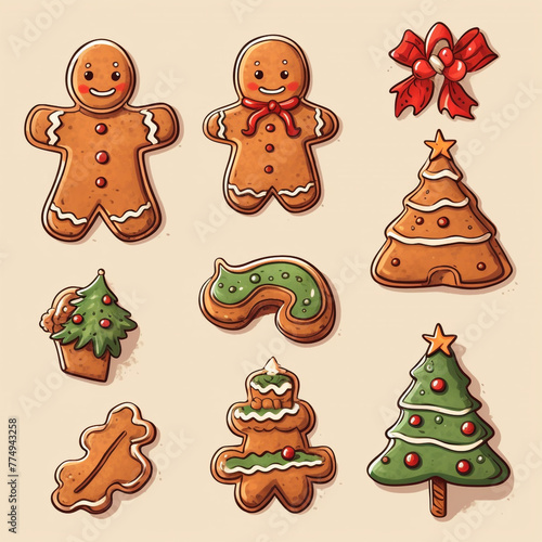 cartoon Christmas drawn gingerbread man many details light background сreated with Generative Ai © Andrii Yablonskyi