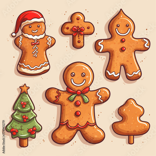 cartoon Christmas drawn gingerbread man many details light background сreated with Generative Ai