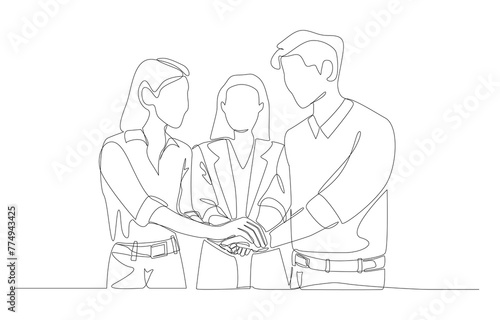 Continuous one line drawing of coworkers unite hands, business teamwork or cooperation concept, single line art.