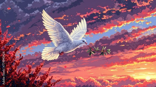 A pixel art illustration of a dove flying over a battlefield, carrying a branch of olive in its beak, symbolizing peace and hope. © Claudine