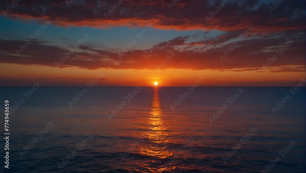 A vivid sunset blending into a serene ocean horizon, using a palette of fiery reds, cool blues, and gentle purples Generative AI