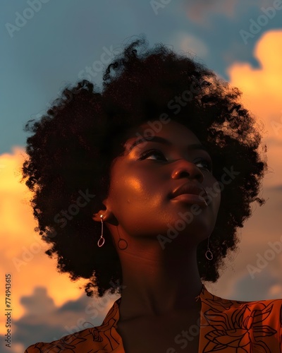 Low angle Upward shot of African American Female, with Big afro Hair, and gold earrings, looking up to the sky