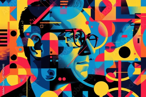 Abstract background with geometric shapes and man face. Colorful composition.