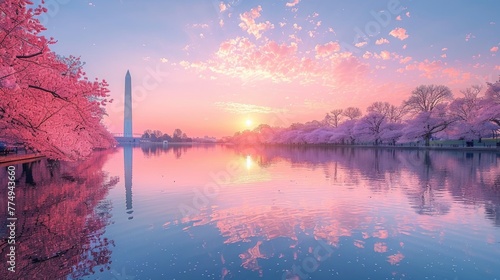 A panoramic image of the National Mall in Washington, D.C., with the Lincoln Memorial and Washington Monument standing tall against a backdrop of cherry blossoms.