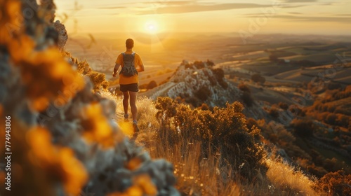 Trail runner on mountain path Runner or person exercising in the morning at sunrise. Hikers enjoy breathtaking mountain views surrounded by natural beauty.