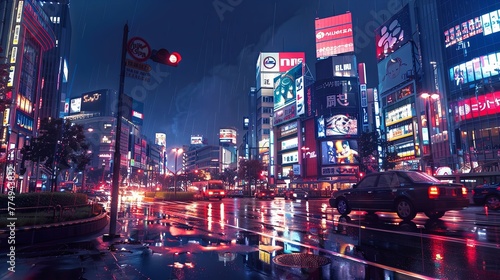 Anime-styled cityscape in future, where traditional Japanese architecture blends with high technology and neon lights. Concept of tourism, technology progress, urban lifestyle. Neon light.