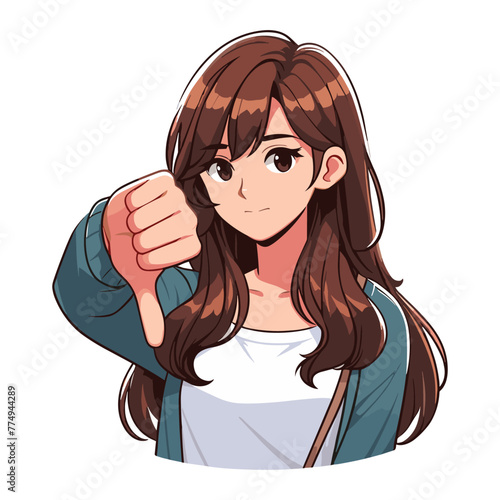 Woman showing thumbs down vector illustration, unhappy girl gesturing disapproval sign, dislike, disagreement, negative expression. design template isolated on white background