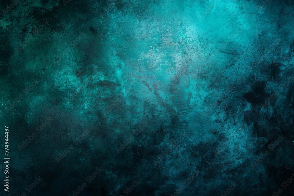 Dark blue and teal color gradient background with bright light and glow, abstract grungy texture with grainy noise effect, empty space for text