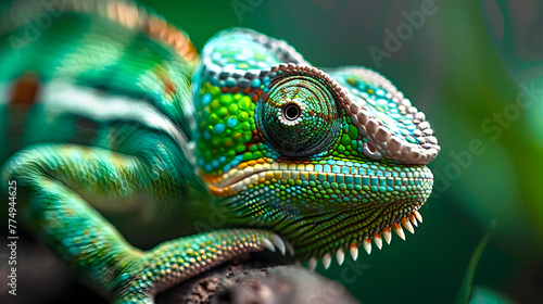 Green colored chameleon close up.  