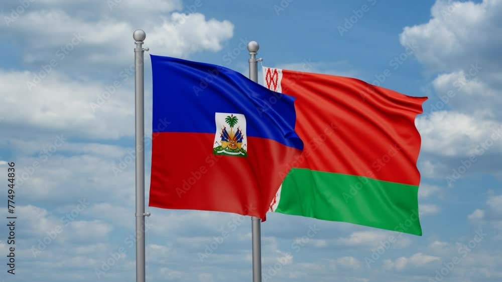 Belarus and Haiti two flags waving together, looped video, two country cooperation concept Belarus and Haiti two flags waving together, looped video, two country cooperation concept