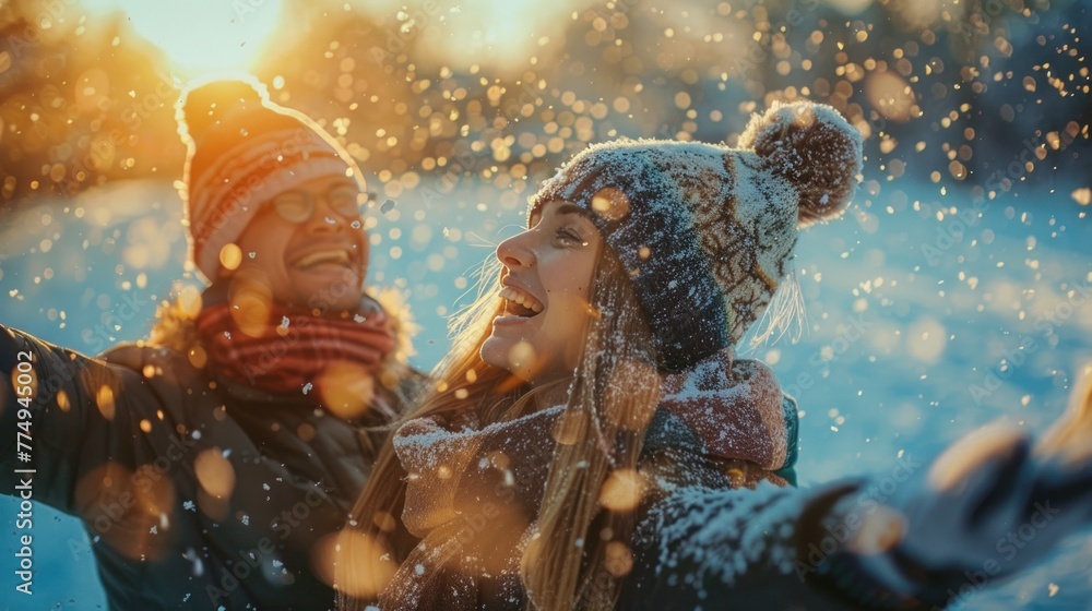 Woman in Snow Portrait with Christmas Hat and Fur, Smiling in Winter Wonderland Woman in Snow Portrait with Christmas Hat and Fur, Smiling in Winter Wonderland
