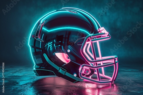 a black football helmet with pink and blue lights © White
